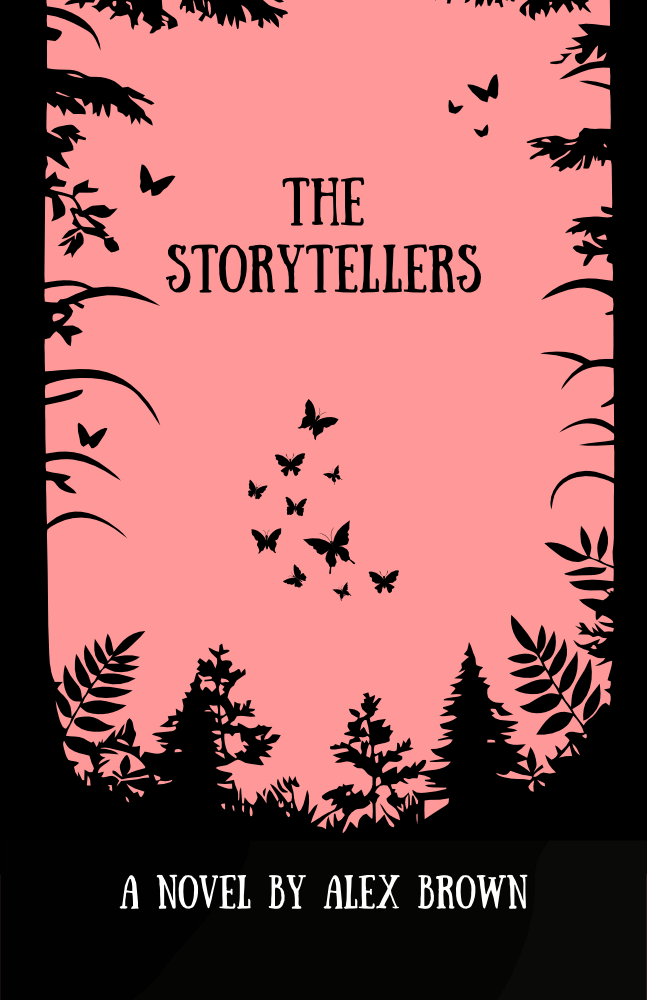 Book cover of 'The Storytellers' by Alex Brown, featuring a pink background with black silhouettes of trees, leaves, and butterflies.